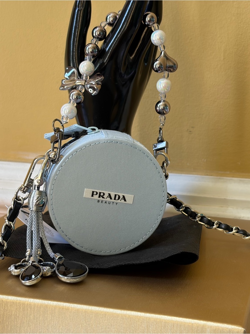 Prada Light Blue Round Mini Crossbody Bag with Beaded Strap